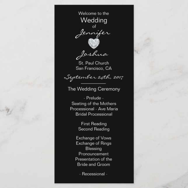 Elegant Custom Black Heart Wedding Programs Programme (Front)
