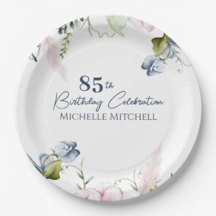 Elegant Custom Blue Pink 85th Birthday Paper Plate