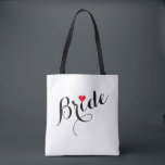 Elegant Custom Bride Bridal Shower Wedding Party Tote Bag<br><div class="desc">Beautiful,  elegant black on white typography script,  red heart,  stylish,  trendy,  custom,  personalised,  tote bag for the bride for bridal shower,  bachelorette party,  wedding. On the other side,  the bag features the bride's name in beautiful,  elegant pink typography script. Simply type the bride's name,  to customise.</div>