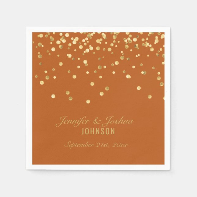 Elegant Custom BURNT ORANGE Gold Confetti Wedding Napkin (Front)