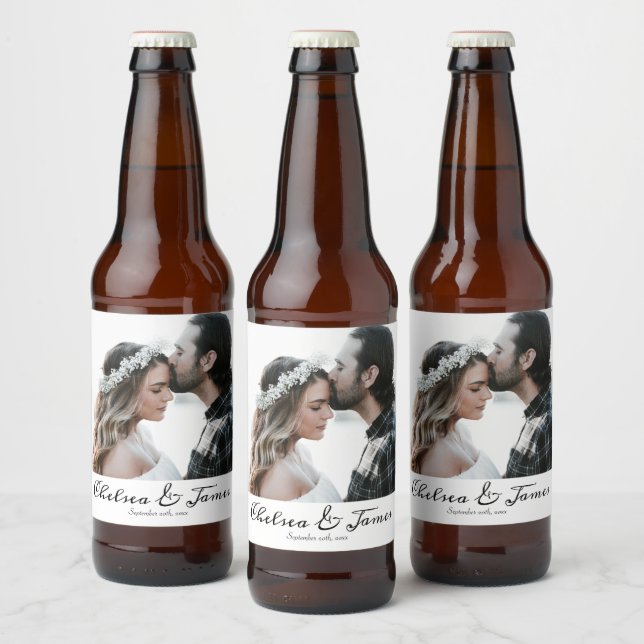 Elegant Custom Calligraphy Photo Wedding Beer Bottle Label (Bottles)