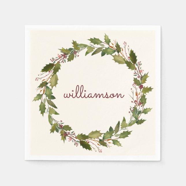 Elegant Custom Christmas Wreath Vintage Script Napkin (Front)