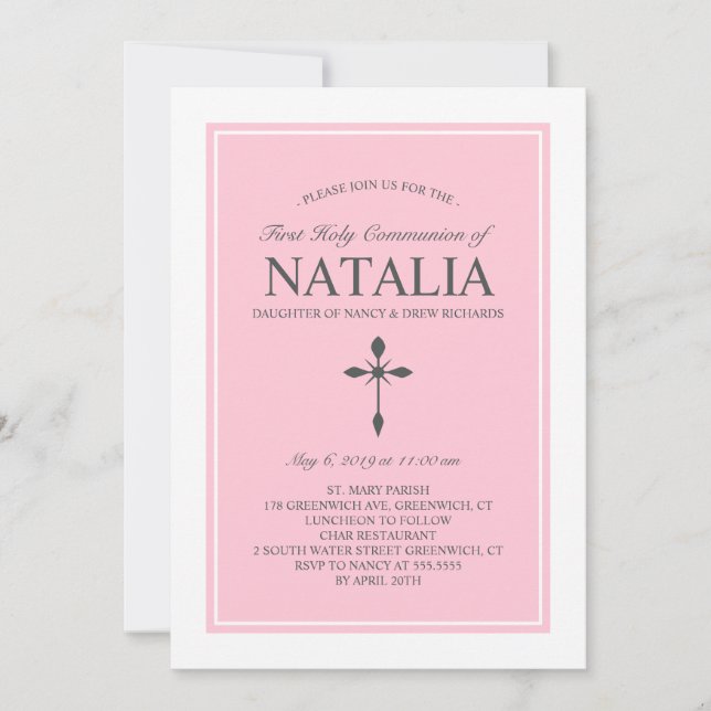 Elegant Custom Colour Communion Invitation Pink (Front)