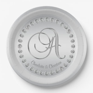 Elegant Custom Diamond Silver Monogram Wedding Paper Plate