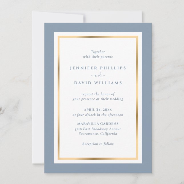Elegant Custom Dusty Blue and Gold Wedding Invitation (Front)