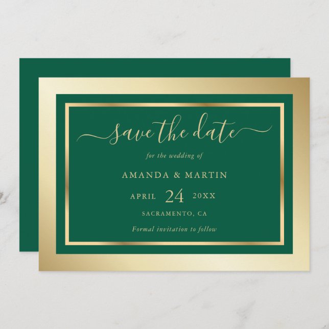 Elegant Custom Emerald Green and Gold Wedding Save The Date (Front/Back)