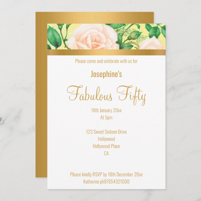 ELEGANT CUSTOM FABULOUS AT 50 LEMON YELLOW FLORAL INVITATION (Front/Back)