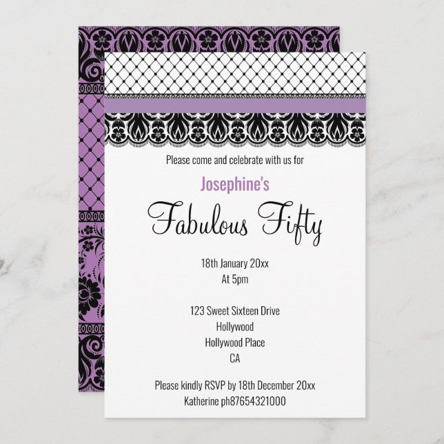 ELEGANT CUSTOM FABULOUS AT 50 PURPLE LACE  INVITATION (Front/Back)