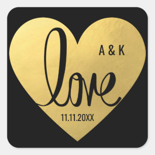 Elegant Custom Faux Gold Foil LOVE Black Wedding Square Sticker