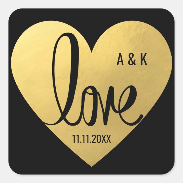Elegant Custom Faux Gold Foil LOVE Black Wedding Square Sticker (Front)