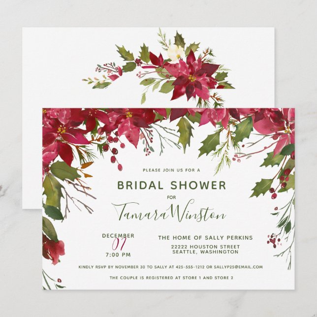 Elegant Custom Floral Christmas Bridal Shower Invitation (Front/Back)