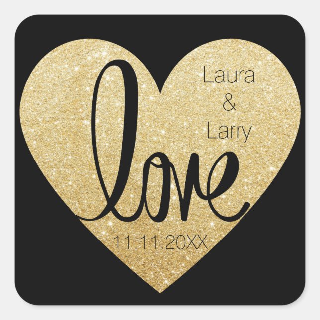 Elegant Custom Glitter Gold LOVE Black Wedding Square Sticker (Front)