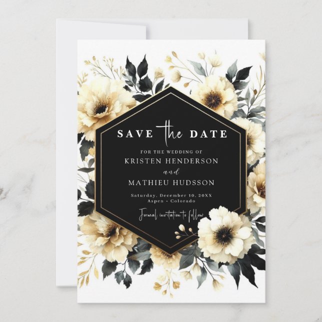 Elegant Custom Gold and Black Wedding Save The Date (Front)