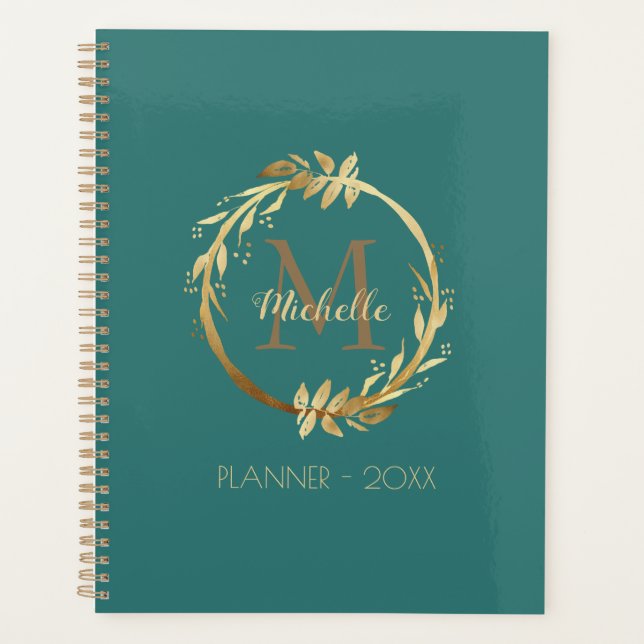 Elegant Custom Gold Wreath Monogram Teal Planner (Front)