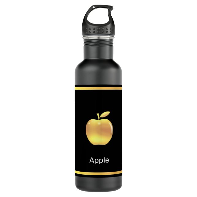 Elegant Custom Golden Apple Image & Text on Black  710 Ml Water Bottle (Front)