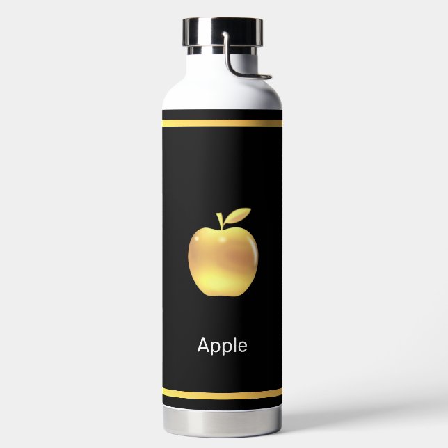 Elegant Custom Golden Apple Image & Text on Black Water Bottle (Left)