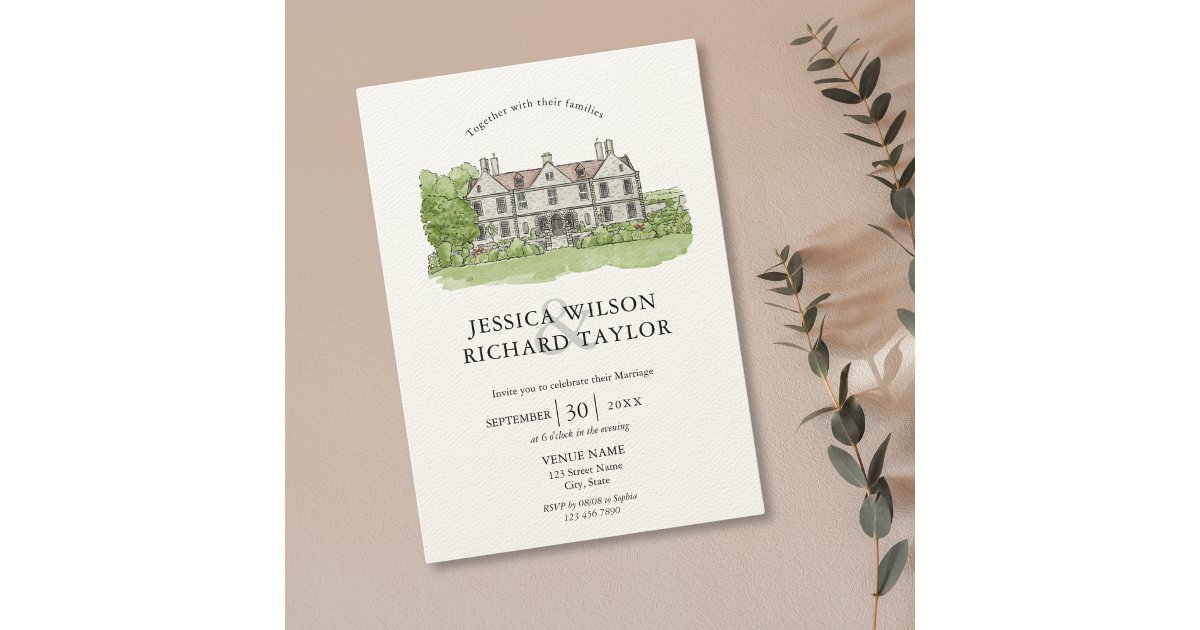 Elegant Custom Hand Drawn Venue Manor Illustration Invitation | Zazzle