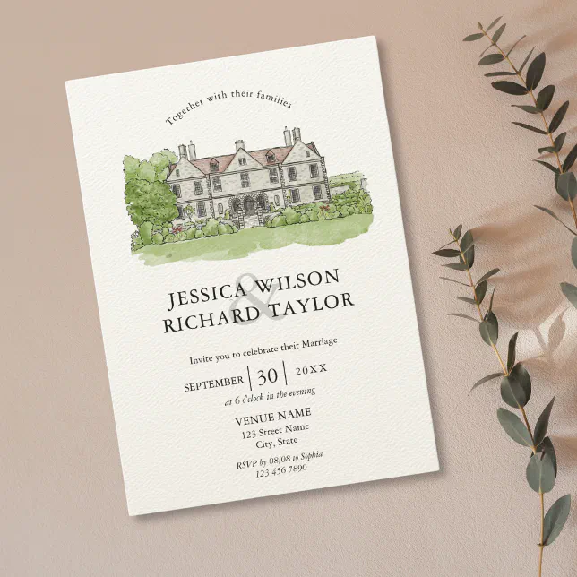 Elegant Custom Hand Drawn Venue Manor Illustration Invitation | Zazzle