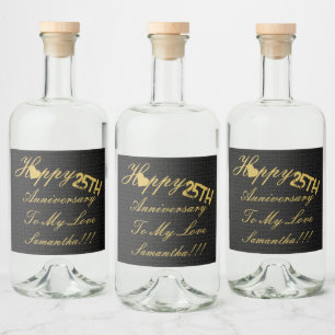 Elegant Custom Happy 25th Anniversary gold Black Liquor Bottle Label