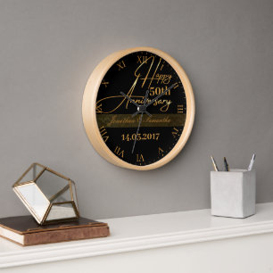 Elegant Custom Happy 50th Anniversary Round Wood Clock