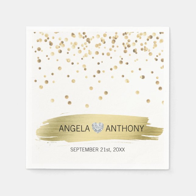 Elegant Custom Heart White Gold Confetti Wedding Napkin (Front)
