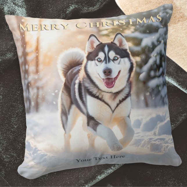 Elegant Custom Husky Dog In Snow Merry Christmas Cushion (A personalized Christmas pillow, with picture on both sides of a husky in snow in a watercolor style)