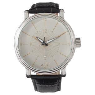 Elegant Custom Initials Gold Sunburst Leather Watc Watch