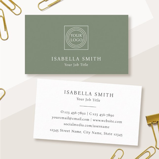 Elegant Custom Logo Minimalist Sage Green Business Card (Creator Uploaded)
