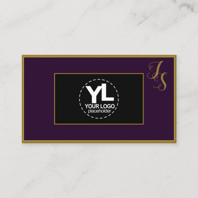 Elegant Custom Monogram and Logo Dark Purple Black Business Card (Front)