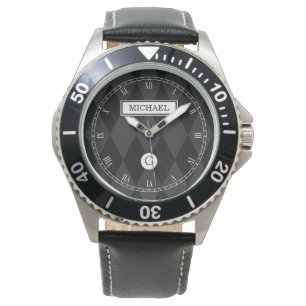 Elegant Custom Monogram Black Argyle Face Watch