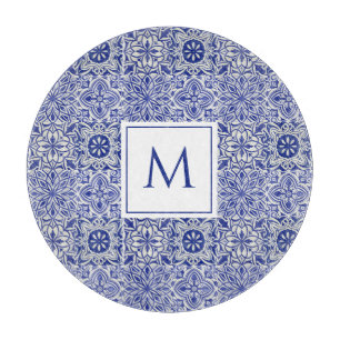 Elegant Custom Monogram Blue White Cutting Board