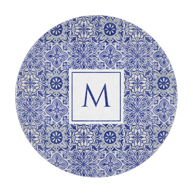 Elegant Custom Monogram Blue White Cutting Board (Front)