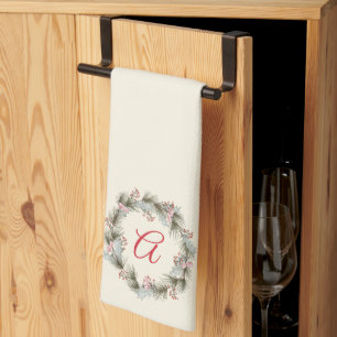 Elegant Custom Monogram Christmas Wreath Tea Towel
