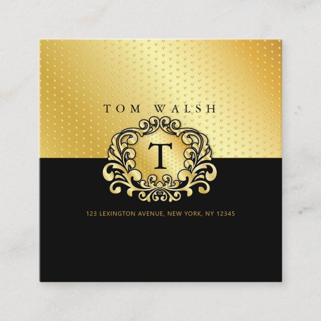 Elegant Custom Monogram Gold Black Business Card (Front)