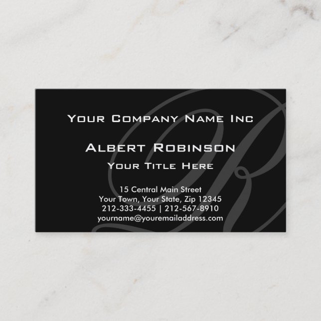 Elegant Custom Monogram Grey on Black Business Card (Front)