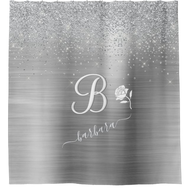 Elegant Custom Monogram Silver Sparkle   Shower Curtain (Front)