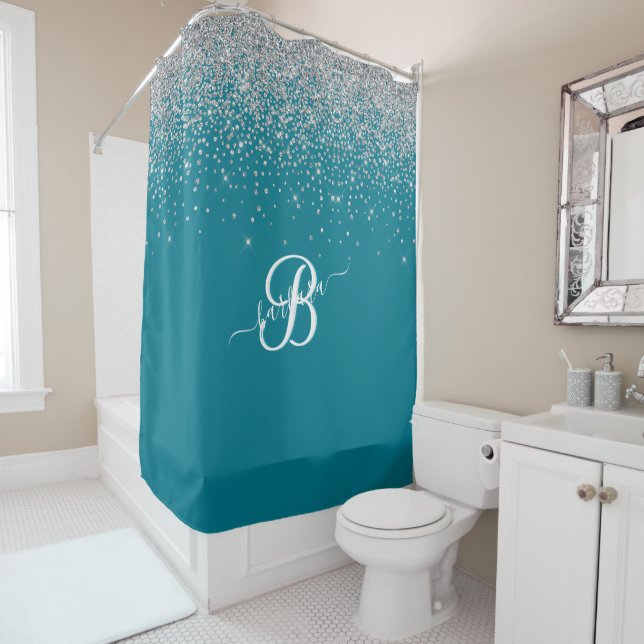 Elegant Custom Monogram Turquoise Silver Sparkle   Shower Curtain (In Situ)