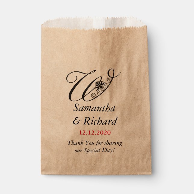 Elegant Custom Monogram W | Wedding Thank You Favour Bags (Front)
