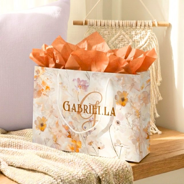 Elegant Custom Monogram Watercolor Floral Large Gift Bag (Creator Uploaded)