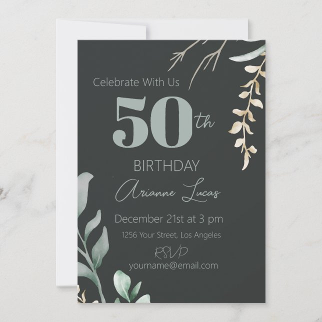 Elegant Custom Name 50th Birthday Black            Invitation (Front)