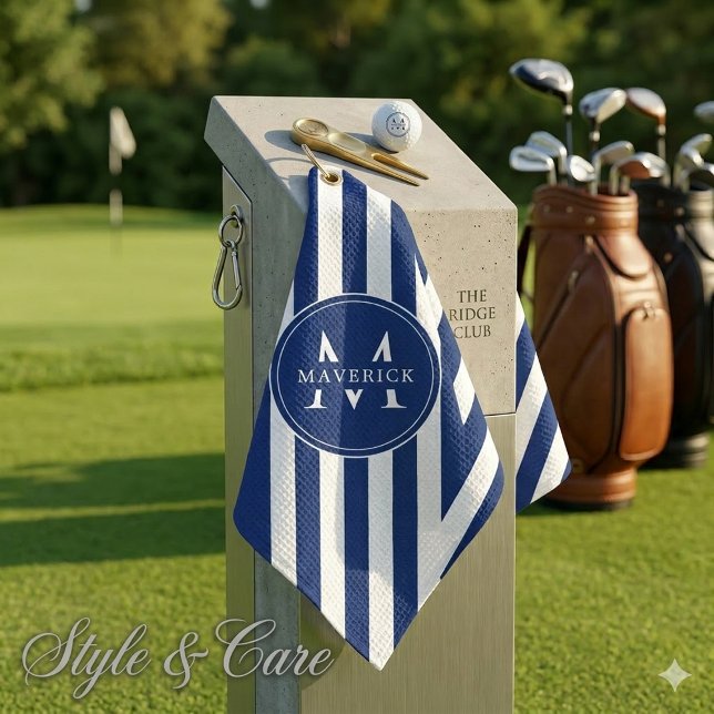 Elegant Custom Name and Initials Navy White Stripe Golf Towel (Elegant Custom Name and Initials Navy White Stripe Golf Towel)