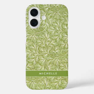 Elegant Custom Name Green Botanical iPhone 16 Case