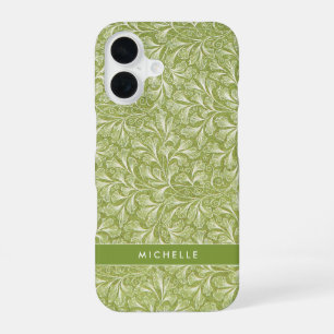 Elegant Custom Name Green Botanical iPhone 16 Case