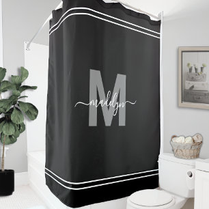 Elegant Custom Name Monogram Black White Shower Curtain