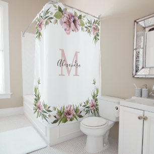 Elegant custom name monogram pink floral peonies shower curtain