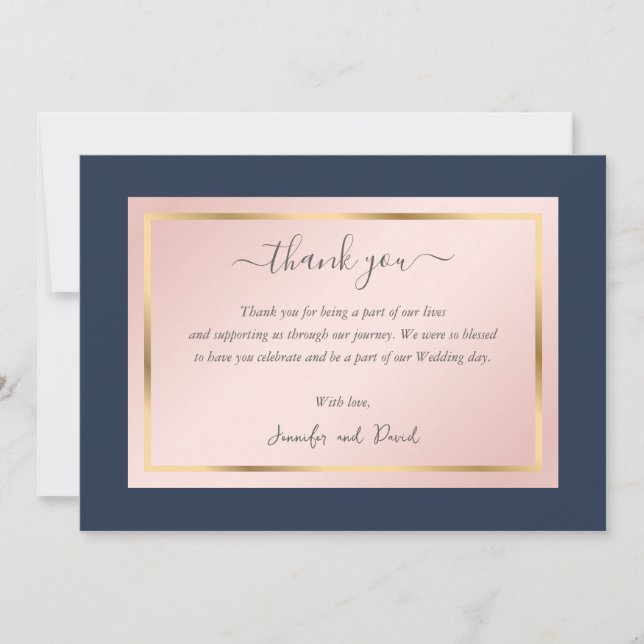 Elegant Custom Navy Blue Blush Gold Thank You Card (Front)