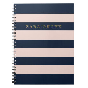Elegant Custom Navy Blue & Blush Pink Striped Notebook