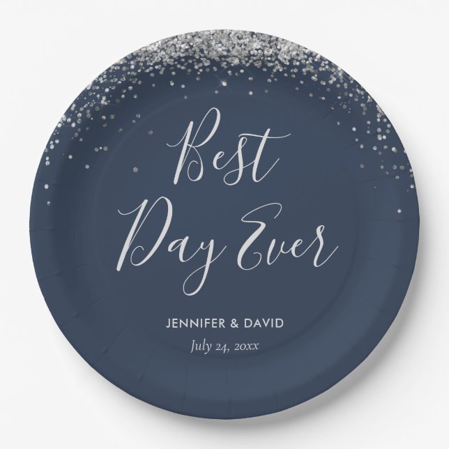 Elegant Custom Navy Blue Silver Glitter Confetti Paper Plate (Front)