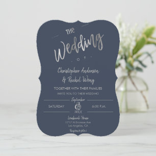 Elegant Custom Navy Simple Script Silver Wedding Invitation