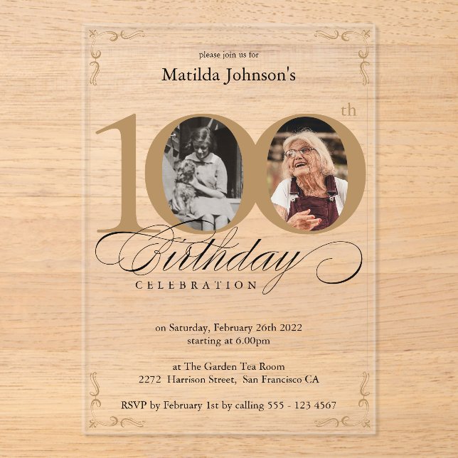 Elegant Custom Photo 100th Birthday Party Acrylic Invitations (Front)